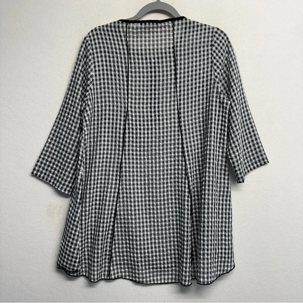 Yushi Plaid Check Sheer Tunic Lagenlook Art to Wear Black White S Zip Detail - Picture 2 of 5